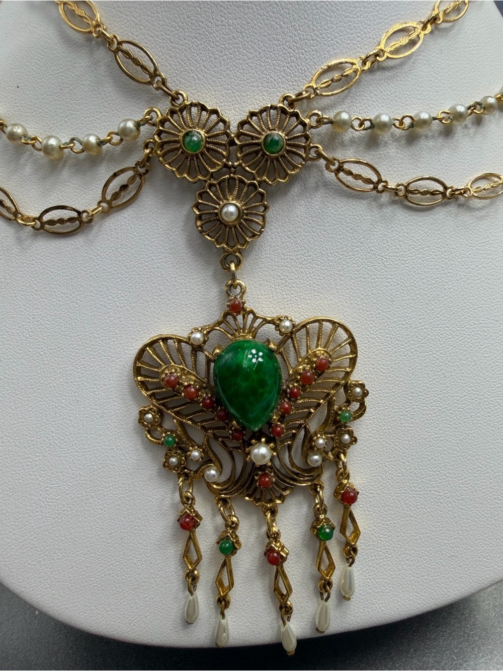 Vintage ART Design Gold and Green Statement Necklace With Pearls #27SN - Picture 4 of 8